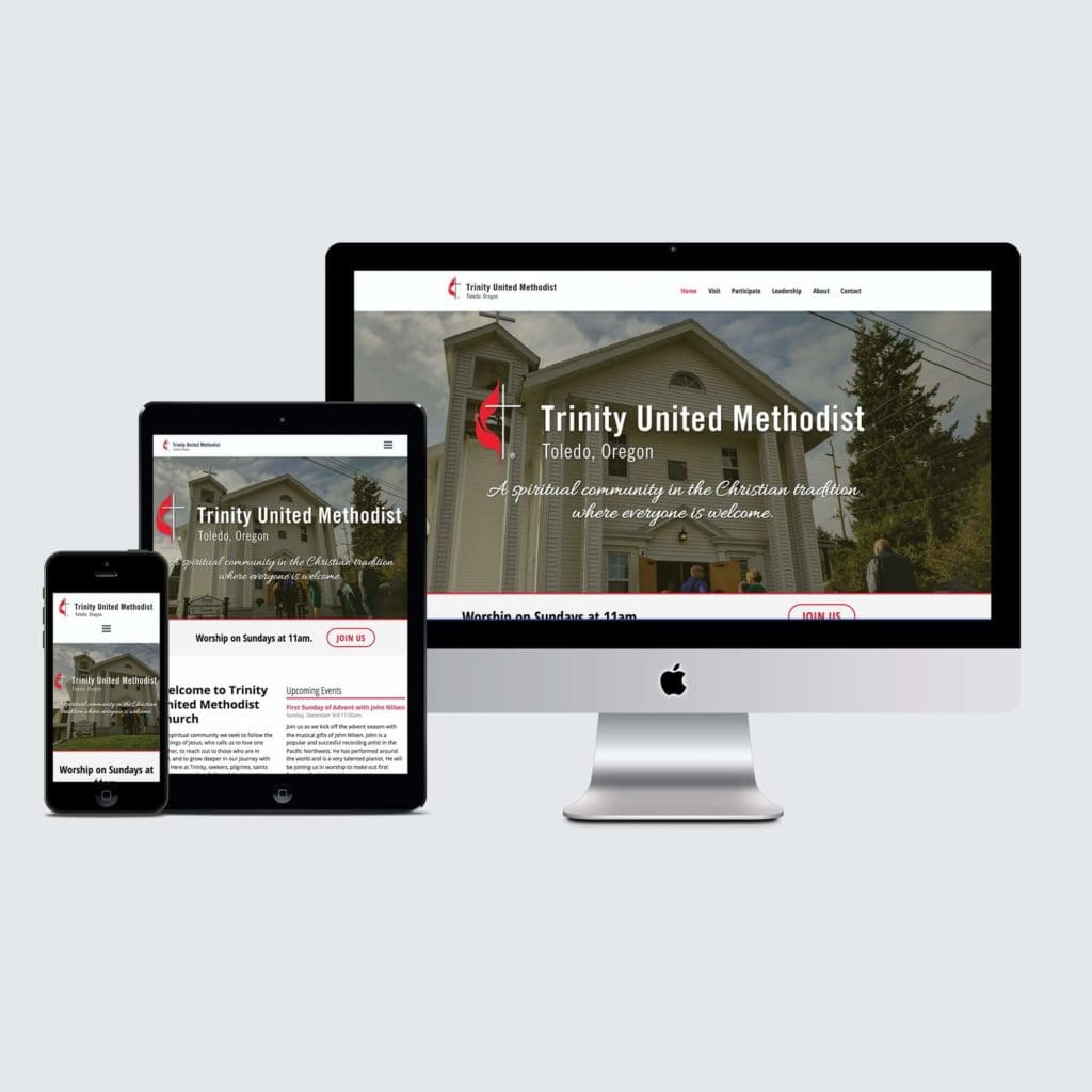 Responsive Design Mockups showing the homepage of the Trinity United Methodist website designed by André Casey